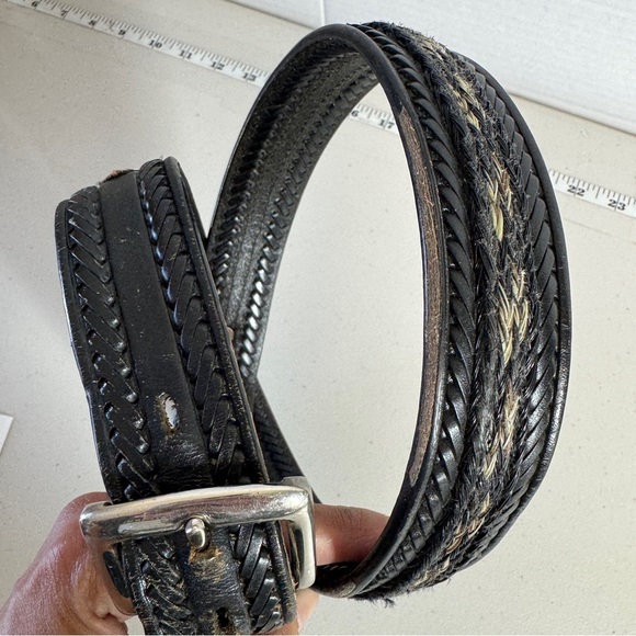 Vintage Western Rustic Tooled Leather Belt Black Silver Buckle Braided Sz 34 - Picture 5 of 16